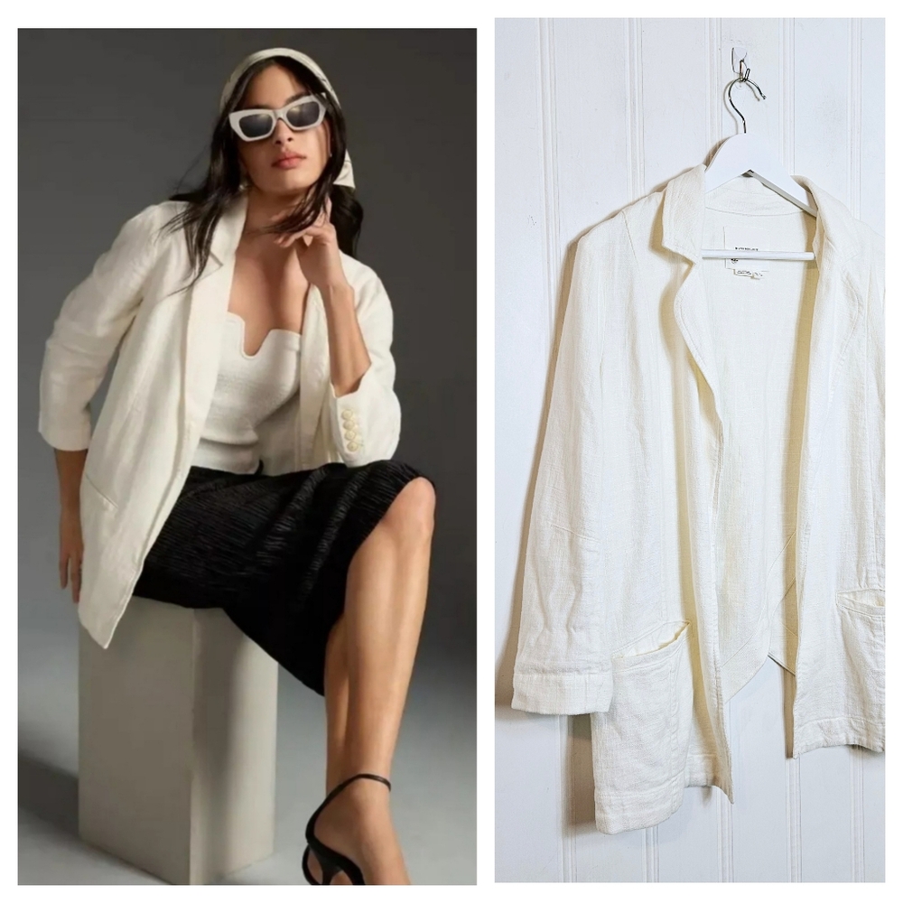 Anthropologie Linen Tulip Blazer Womens 4 Open Front Lagenlook Coastal Ivory